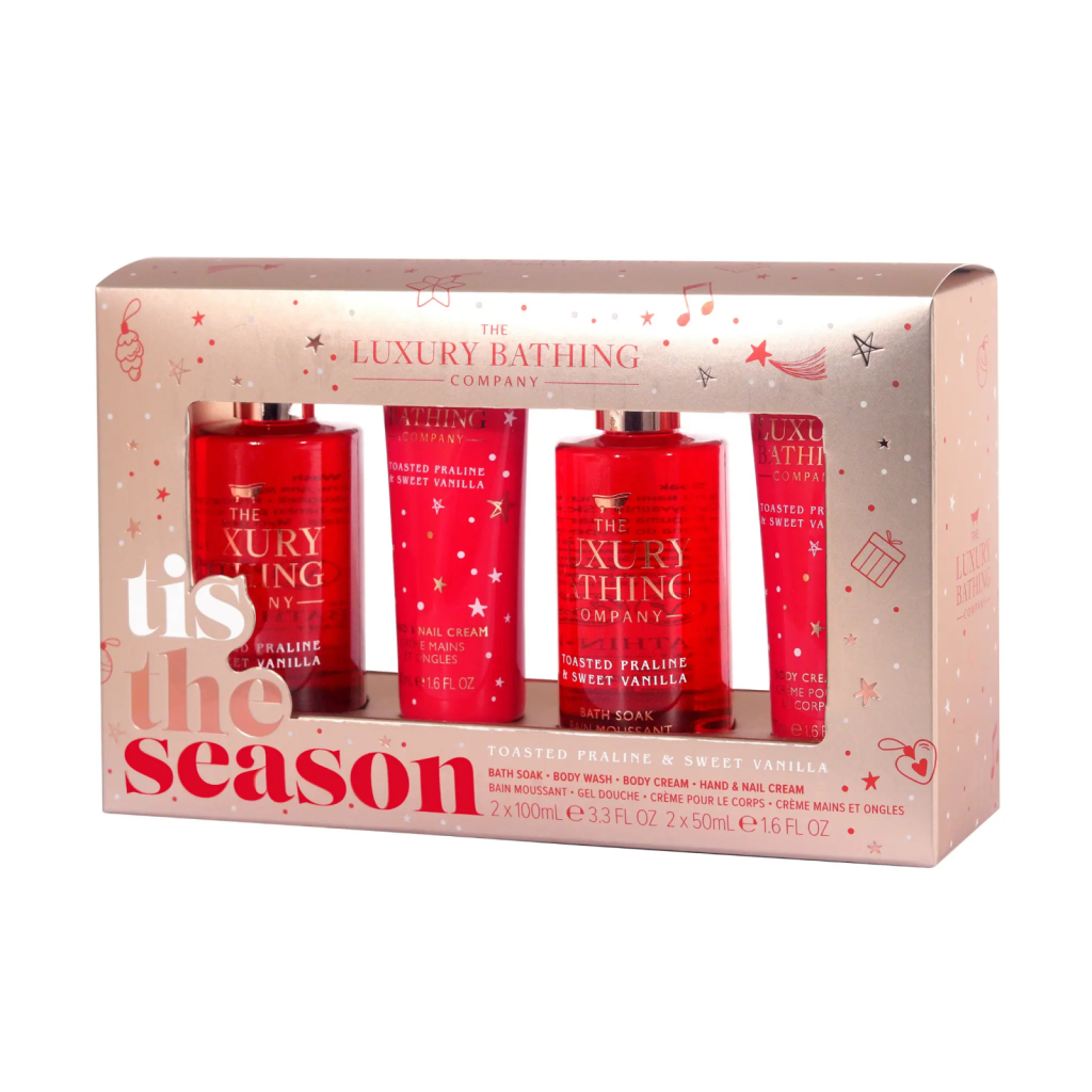 Set cadou Tis The Season, Toasted Praline & Sweet Vanilla, 100 ml Spumă de baie, 100 ml Gel de dus, 50 ml Crema pentru maini si unghii, & 50 ml Crema corp, The Luxury Bathing Company - imagine 2