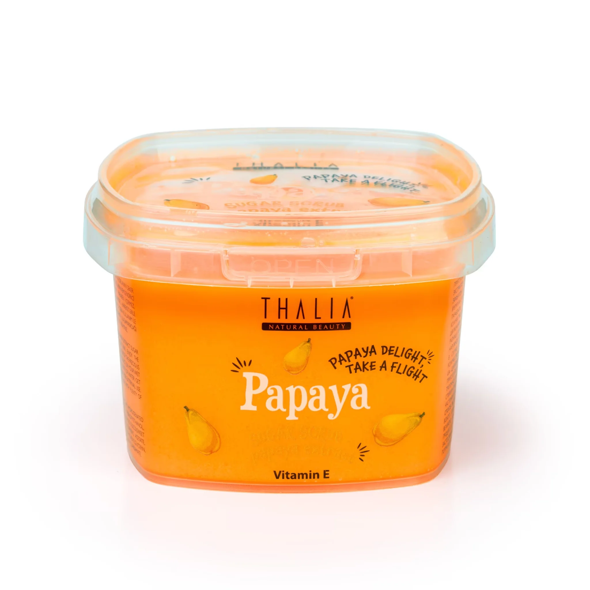 Scrub pentru corp pe baza de zahar, cu extract de papaya + vitamina E, Papaya Delight Take a Flight, Thalia, 300 g
