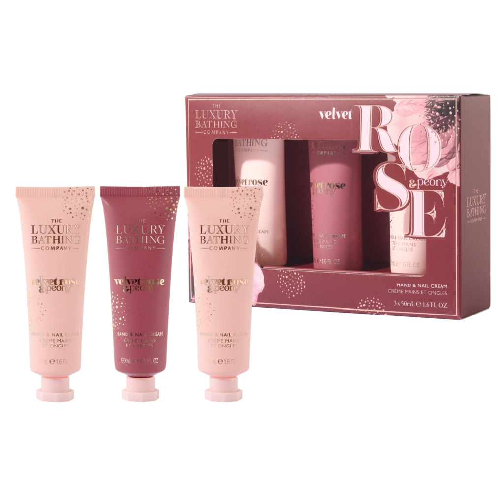 Set cadou Tranquil Trio, Velvet Rose & Peony, 3 x 50 ml Crema pentru maini si unghii, The Luxury Bathing Company