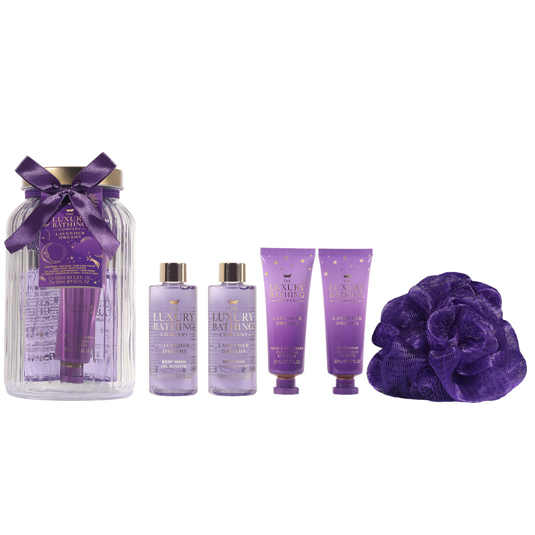 Set Cadou Silent Night, Lavender, Gel de Dus, Spuma de Baie, Crema Maini si Unghii, Crema Corp, Burete Exfoliant Corp, Borcan de Sticla Reutilizabil cu Capac, The Luxury Bathing Company, 5 articole - imagine 2