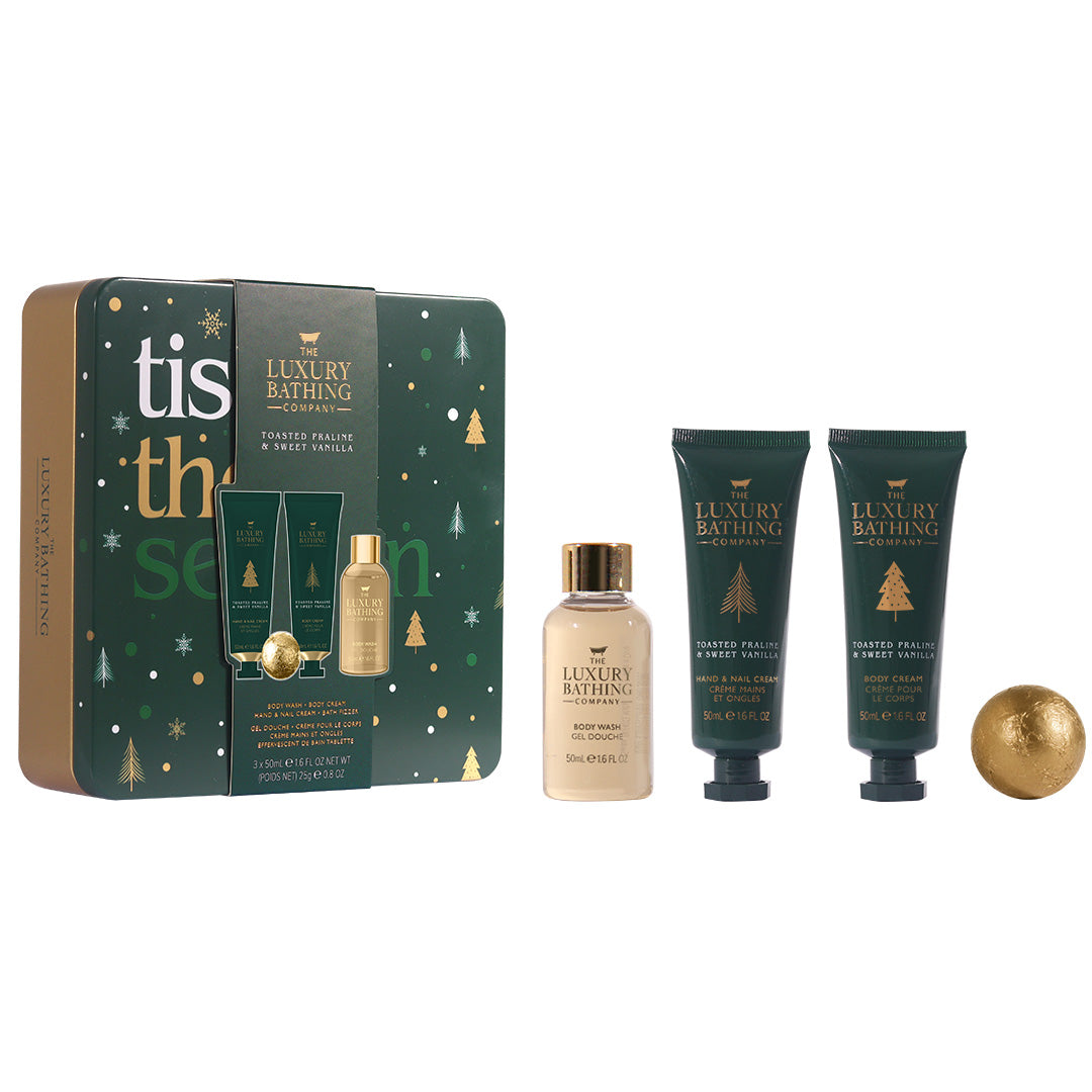 Set Cadou Tis the Season, Toasted Praline & Sweet Vanilla, Crema Maini si Unghii, Crema Corp, Gel de Dus, Bila de Baie, Cutie Metalica cu Print si Capac, The Luxury Bathing Company, 4 articole - imagine 2