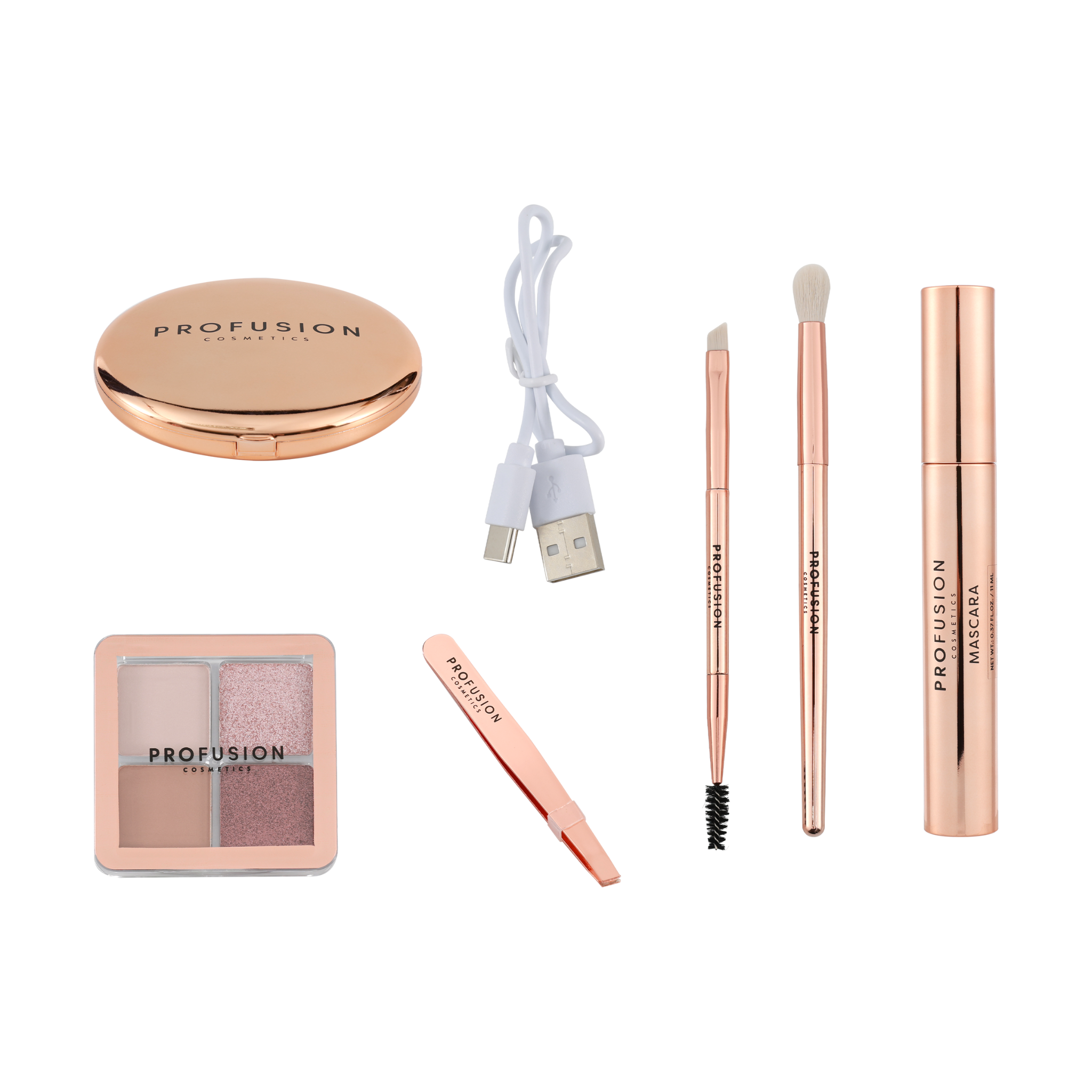 Set pentru machiaj esential - mascara, paleta farduri, 2 pensule, penseta & oglinda cu LED, All Eyes on You, Profusion, 6 articole - imagine 2