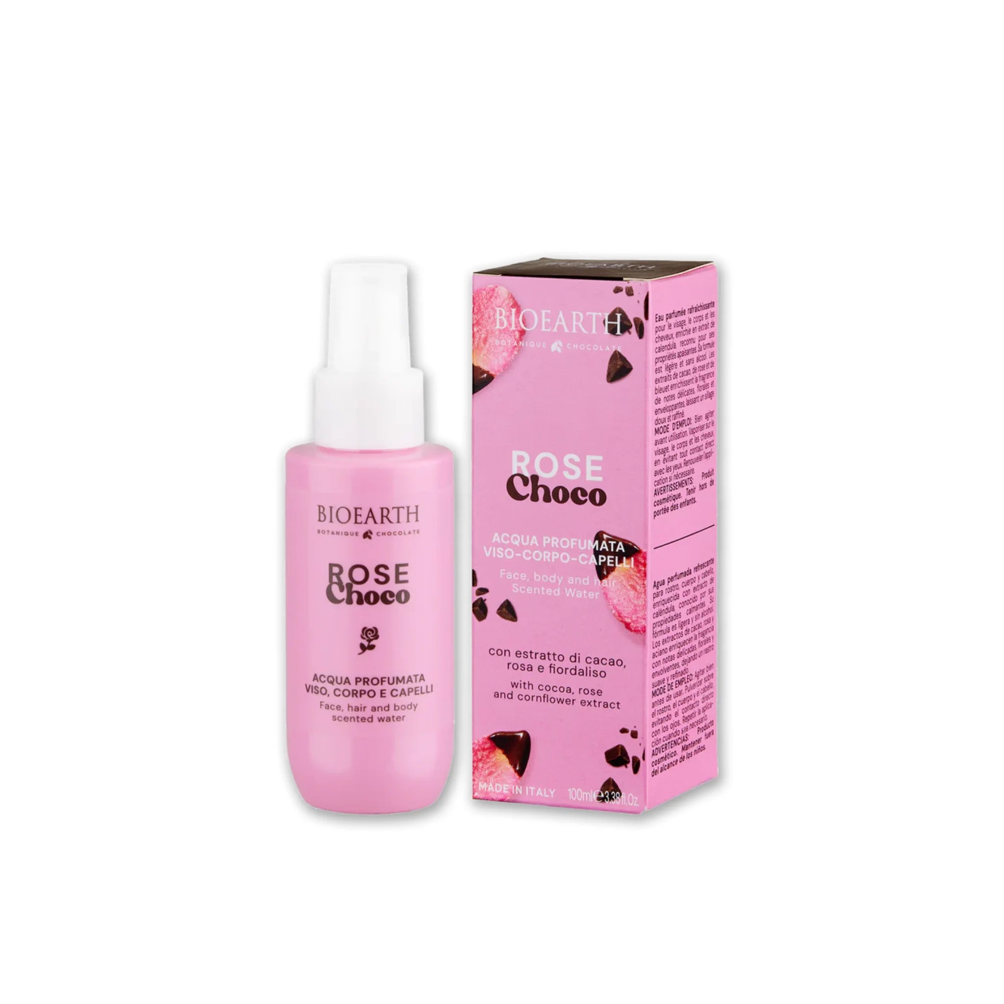 Apa parfumata pentru fata, corp si par, cu extract de cacao, trandafir & albastrele, Rose Choco, BIOEARTH, 100 ml