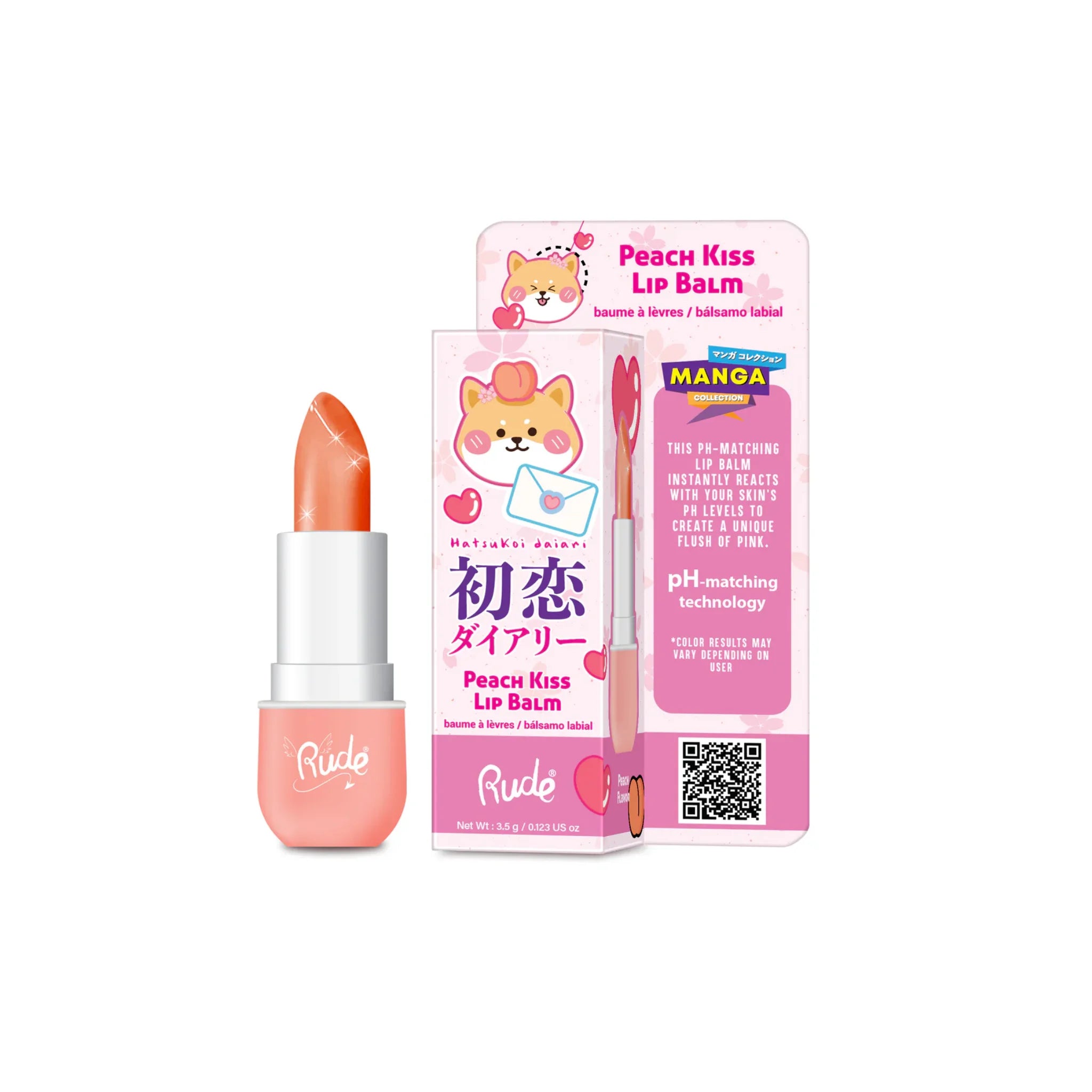 Balsam de buze pH-reactiv, care isi schimba culoarea, cu aroma de piersica, Peach Kiss, Manga Collection, Rude Cosmetics, 3.5 g