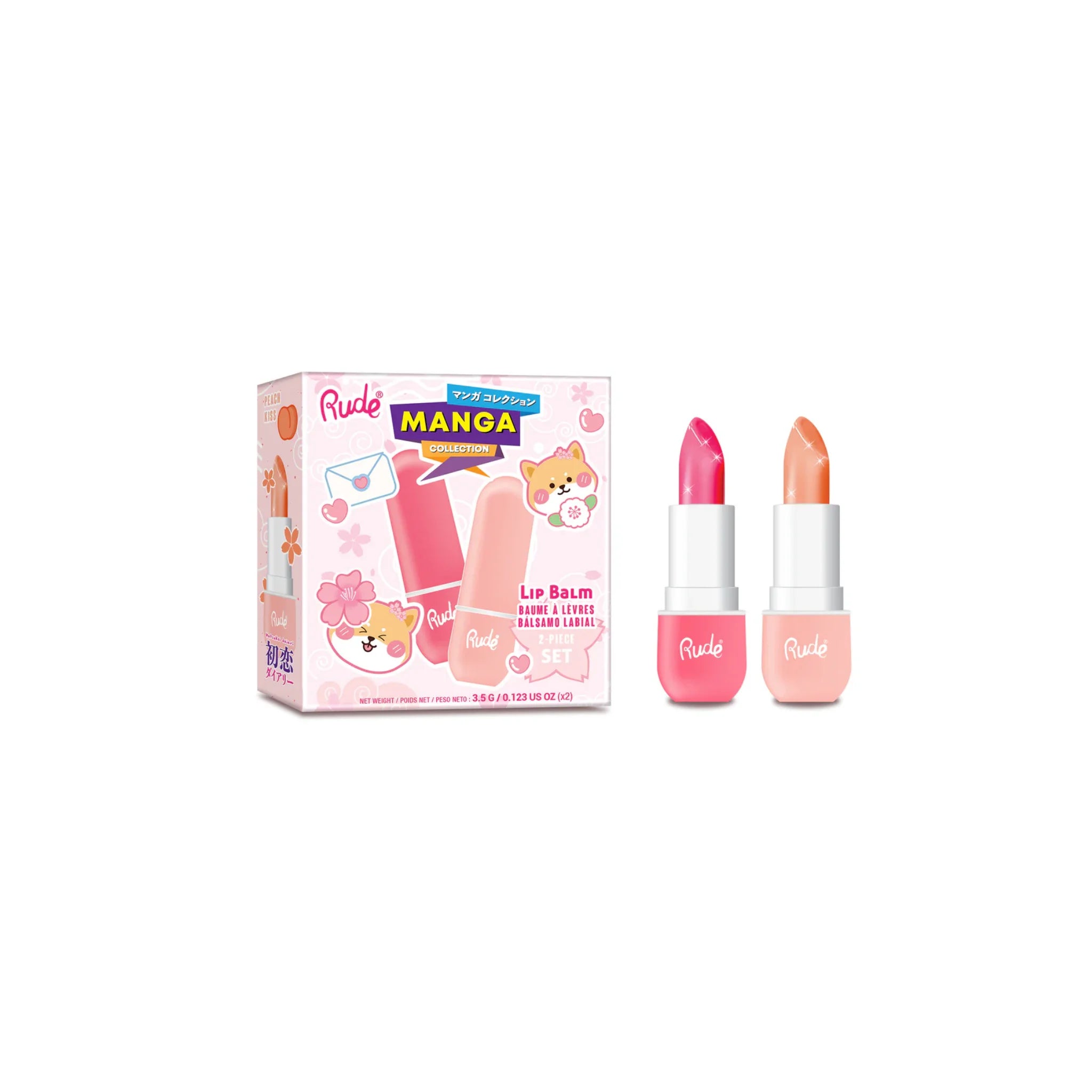 Set 2 x balsam de buze pH-reactiv, care isi schimba culoarea, cu aroma de pepene verde & piersica, Watermelon & Peach Kiss, Manga Collection, Rude Cosmetics, 2 x 3.5 g