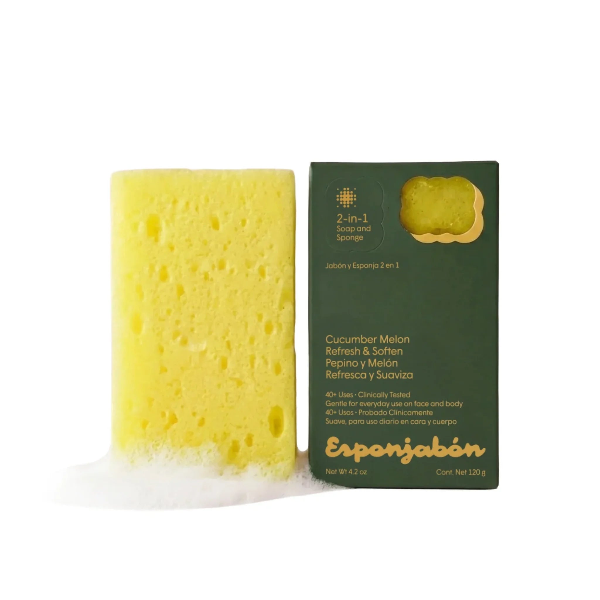 2 in 1 Burete de baie si sapun încorporat, cu extract de castraveți și pepene galben, efect hidratant & de prospetime, Esponjabon, 120 gr