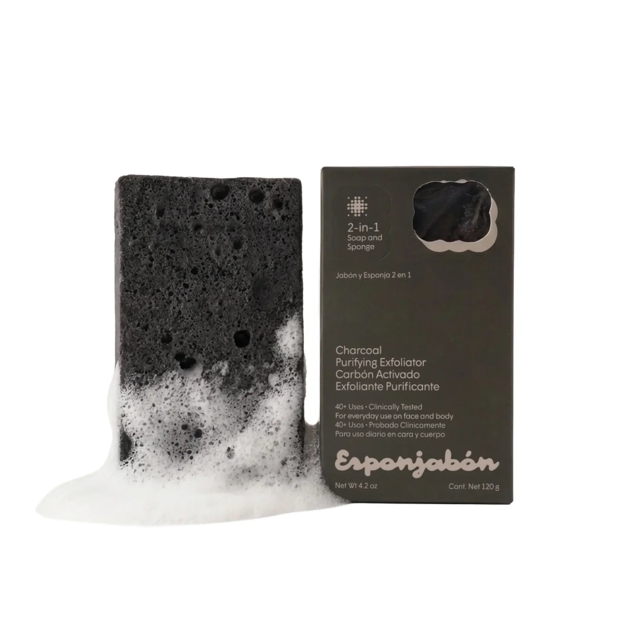 2 in 1 Burete de baie si sapun incorporat, cu carbune activ, efect purifiant & exfoliant, Esponjabon, 120 gr