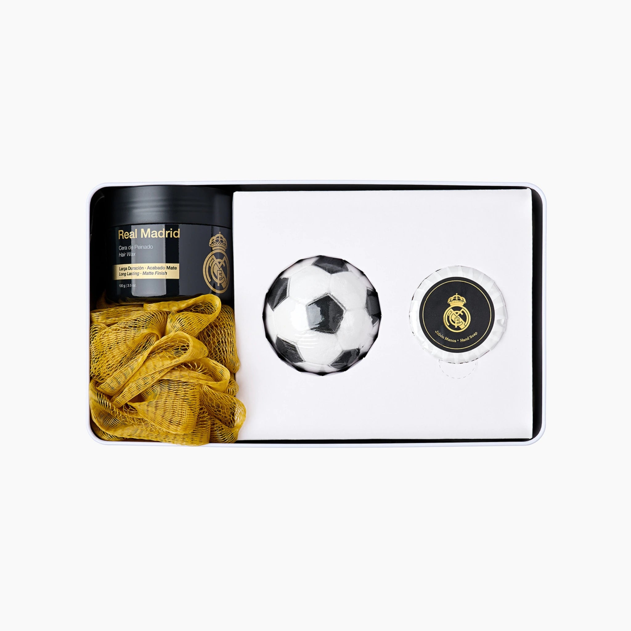 Set cadou pentru barbati, cosmetice par si corp in cutie metalica, Real Madrid, 4 articole - imagine 2